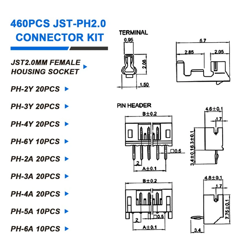 Коннектор JST PH2.0mm с шагом XH2.54MM, коннектор 2/3/4P с пластиковой оболочкой, Концевой Зажим, 460 шт.