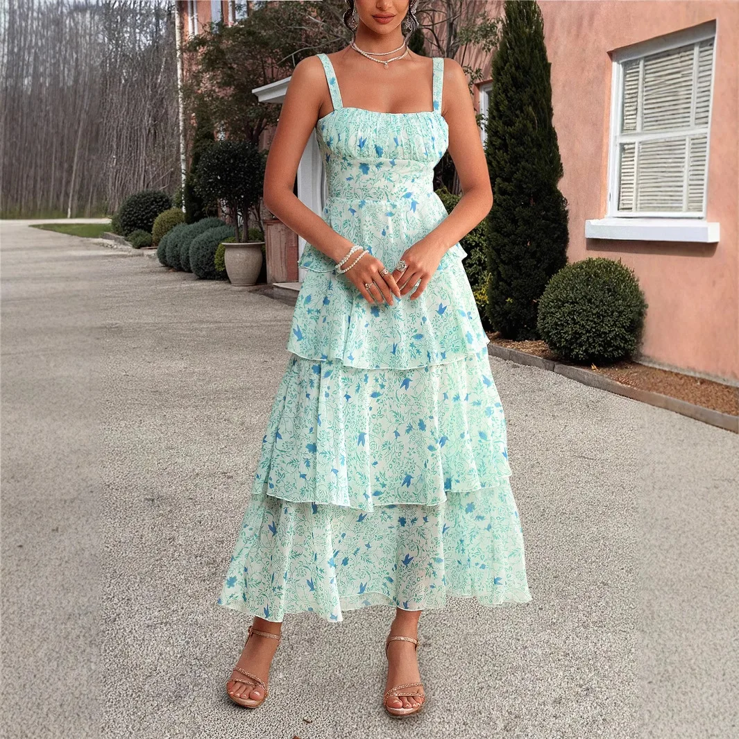 Vestido estampado feminino, sem mangas, estilingue, vestidos longos, linha em camadas, cintura alta, y2k, elegante, casual, verão 2025