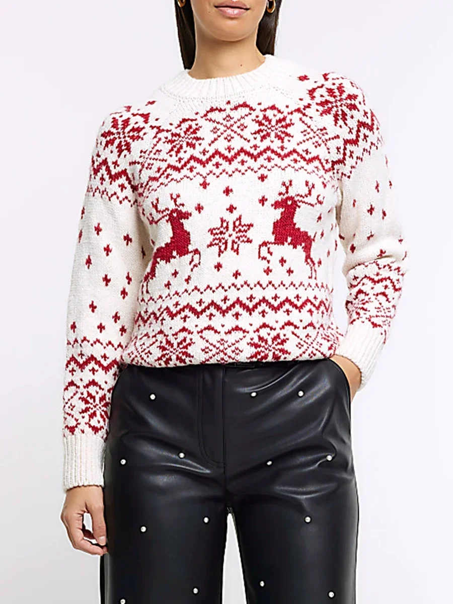 Women Christmas Sweaters Classic Reindeer Snowflake Print Long Sleeve Round Neck Knit Pullover Jumper Tops Fashion Loungewear