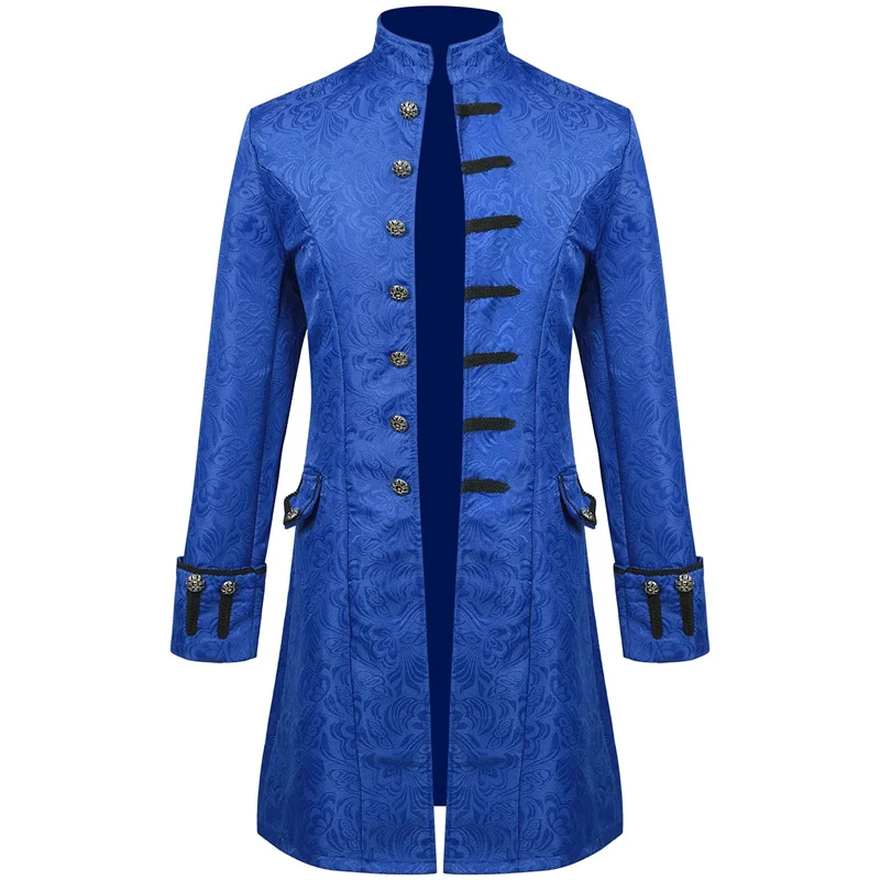 Red Men Thin Stage Performance Dress Long Jacket, Blue and Black Male Stand-up Collar Jacquard Halloween Trench Coat.