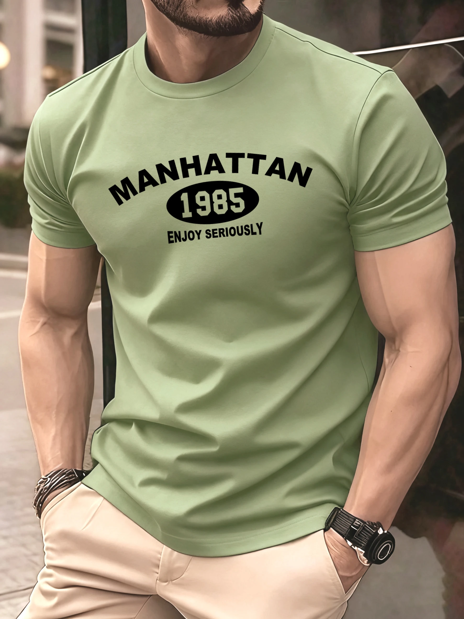 Manhattan 1985, genießen Sie ernsthaft Herren-T-Shirts, Hip-Hop-All-Match-T-Shirt, modische Baumwolle, Sommerkleidung, Unisex, lässig, lockeres Oberteil