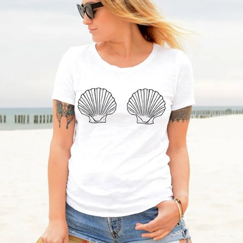 Mermaid Sea Shell Bra Print T-shirt Casual Summer Tumblr Vacay Beach Tshirt Women Aesthetic Boob Graphic Funny Tee Top