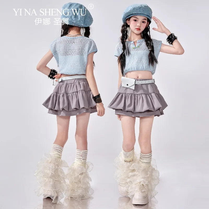 

Детская одежда для джазовых танцев, костюм для танцев черлидинга для девочек, синие укороченные топы, серая юбка Kpop, хип-хоп, подиумная сценическая одежда