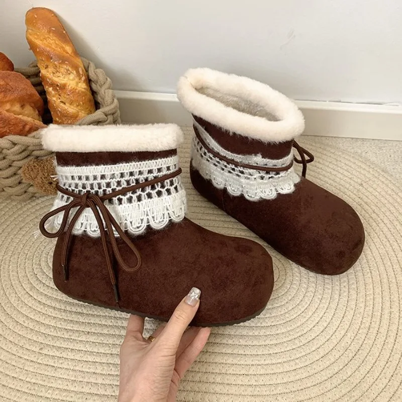 

Luxury Bowknot Fluffy Fur Kawaii Snow Boots 2026 Winter Sweet Lace Suede Designer Ankle Boots Warm Plush Woman's Short Booties