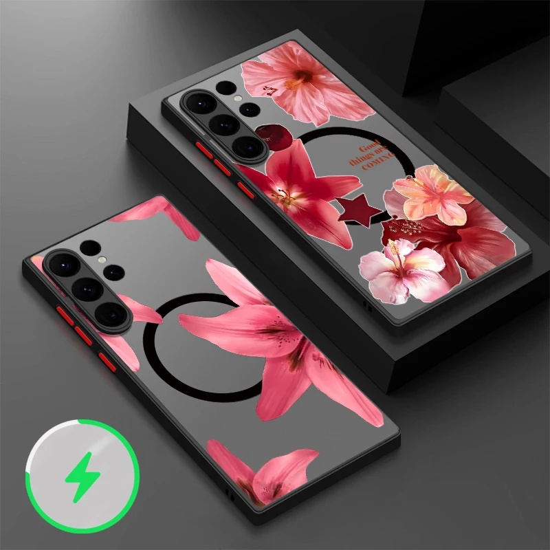 Rosa Blumen Handyhülle für Samsung Galaxy S25 Edge S24 Plus S23 S22 Ultra S24 S23 FE A56 A36 A26 A16 A55 A35 A15 Magnetische Abdeckung