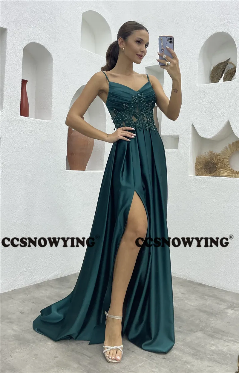 Einfache Satin Applikationen Spaghetti träger Ballkleid mit Schlitz V-Ausschnitt Abendkleider eine Linie Frauen formelle Party kleid Roben