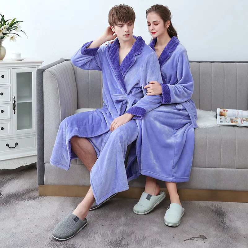 Couple Coral Fleece Sleepwear Men Women Robe 3XL Autumn Winter Long Sleeved Lace Up Nightwear Home Wear Thick Flannel Bathrobes