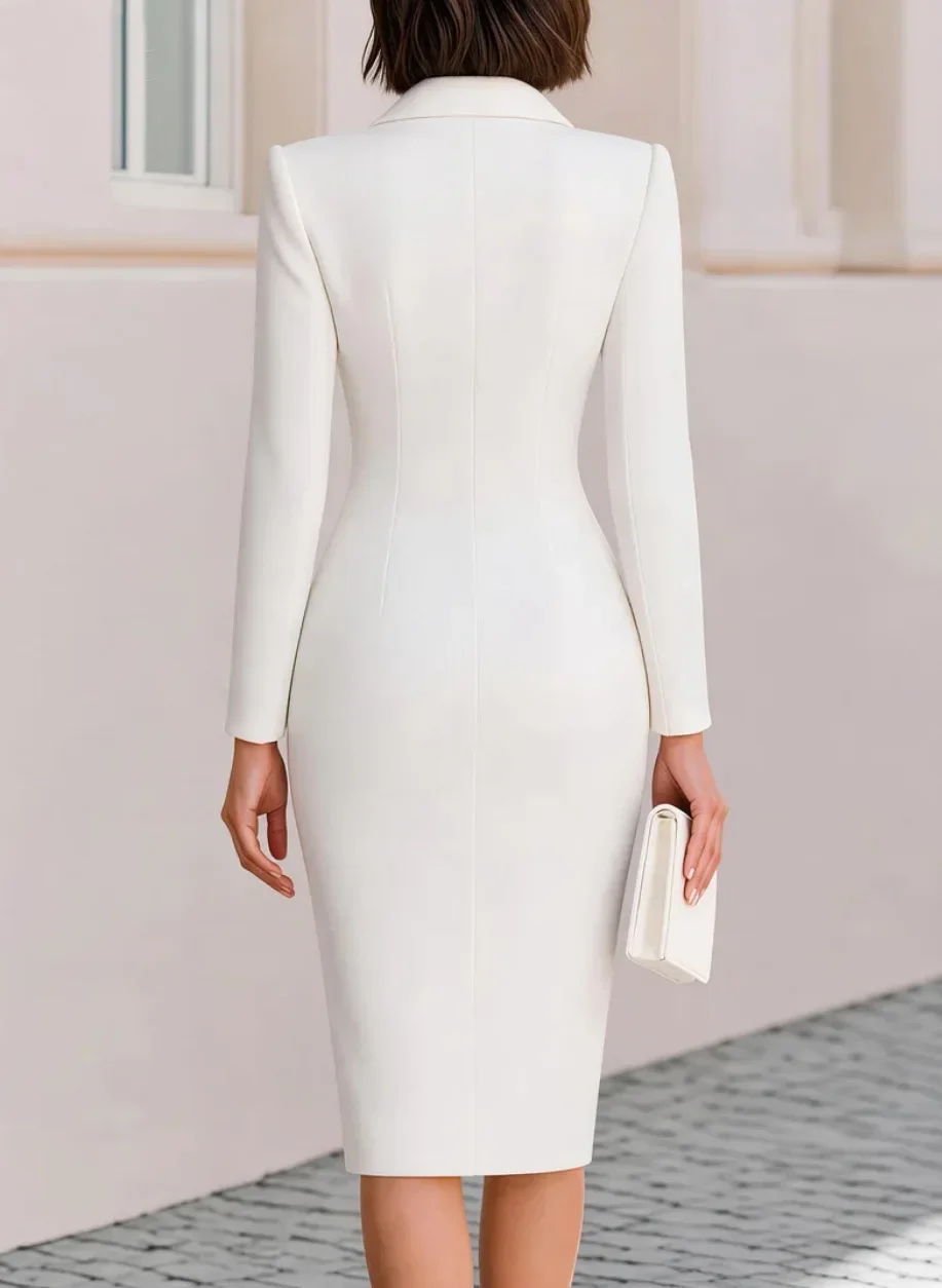 Elegantes Damen-Midikleid mit V-Ausschnitt, Blazer-Stil, Langarm, Wickeldesign, Ein-Knopf-Bodycon-Kleid – Detail 5