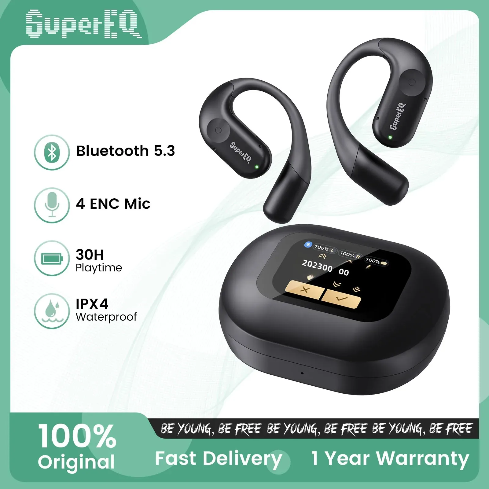 SuperEQ Air Conduction Bluetooth 5.3 Earphones Open Ear Wireless Headphones Sports Earbuds With 4 AI Mics 30Hr Touch Screen