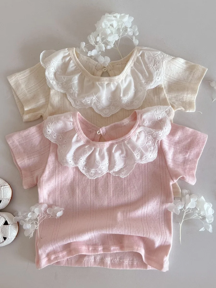 

Girls' Summer ort Sve T-irt Lace Trim Base Layer Top Versatile Floral Print Silk Blend Basic irt Korean Sle Kids' ...