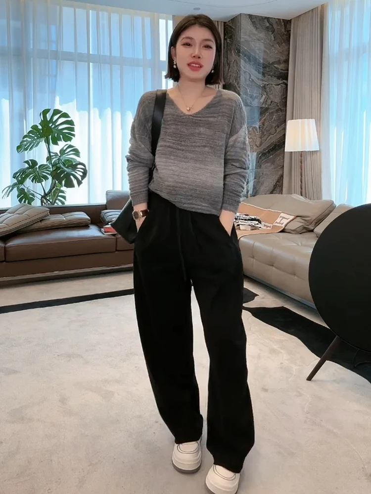 

Loose Casual Bla Knife-ape Pants High Waist Straight Leg Cotton Blend Elastic Fiber Long Trousers by MEHOMEYANG