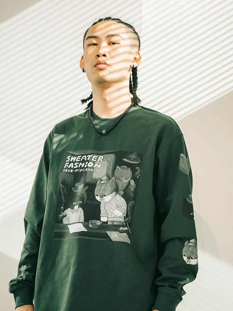 Long Sleeve DJ T-Shirt Street Style Green Vinyl Record Print Double Headed Swallow DHS Collaboration Unisex Cotton Crew Neck