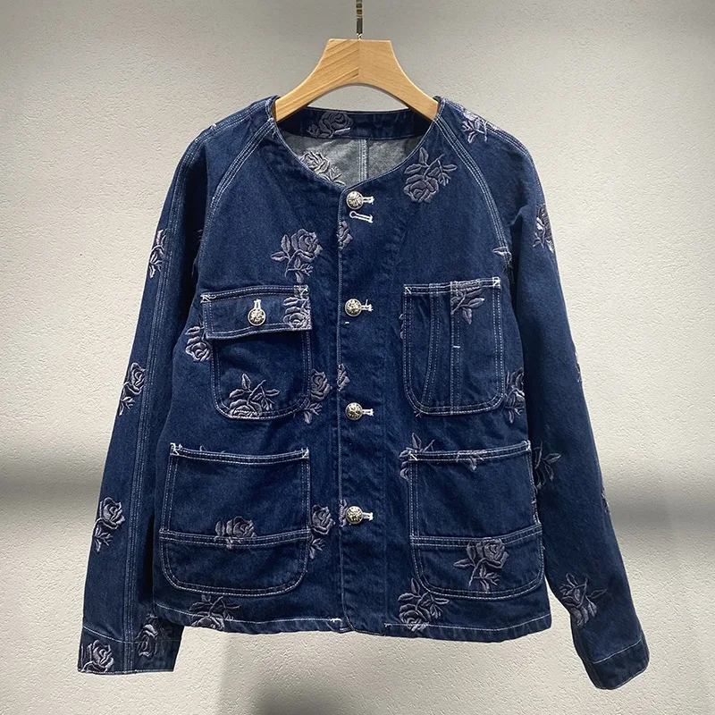 

2025 Новая синяя джинсовая куртка с цветочной вышивкой, женская свободная повседневная куртка с длинными рукавами, женская одежда