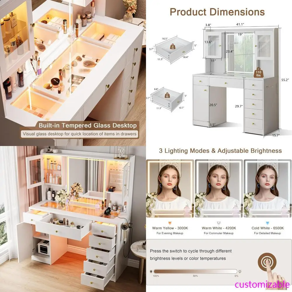 مكتب زينة مكياج مضيء مع سطح زجاجي كبير وتخزين كافية