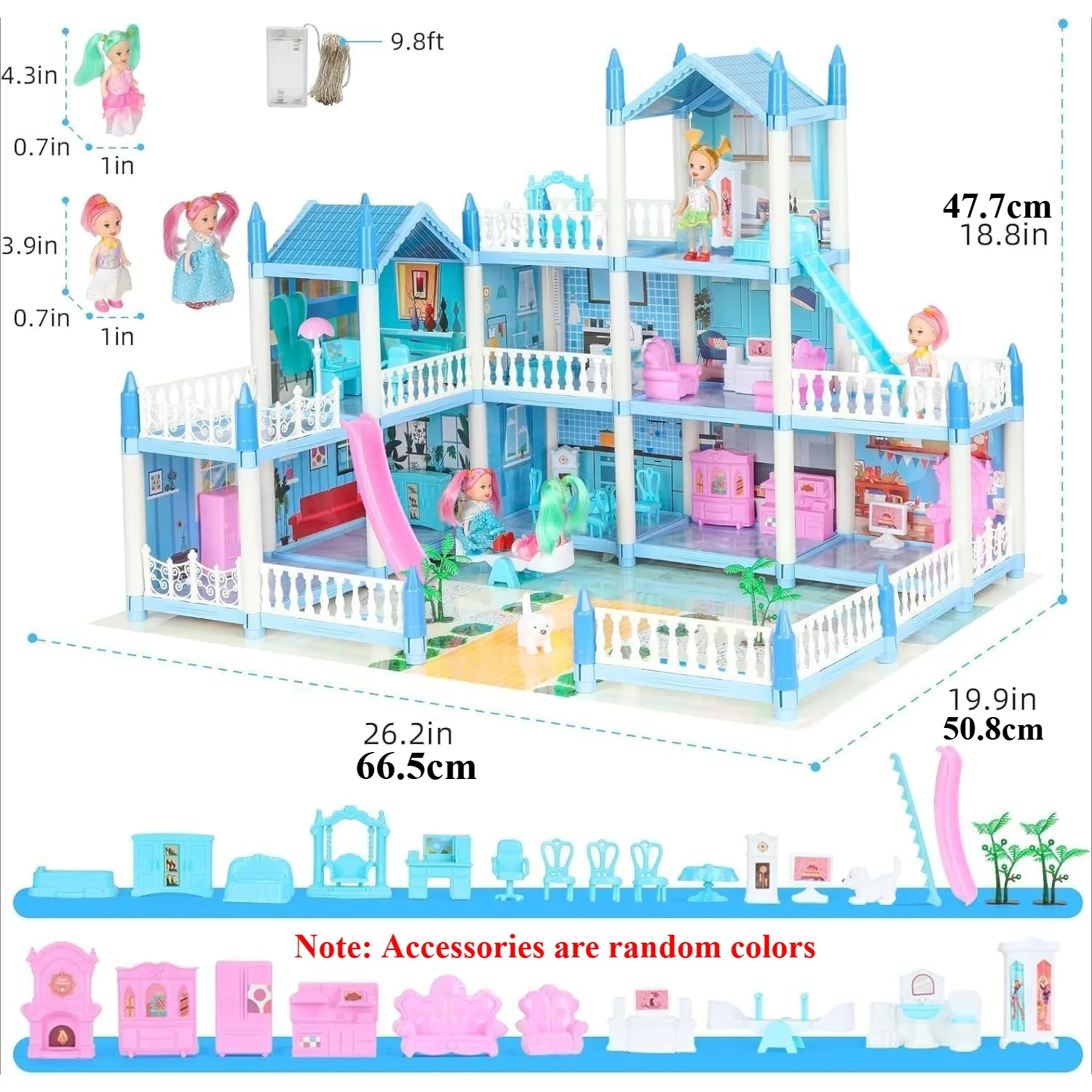 Doll House for Girls with Lights Floors Rooms Doll House Playset Sets of Furniture Accessories Toddler Toy House Princess Gift