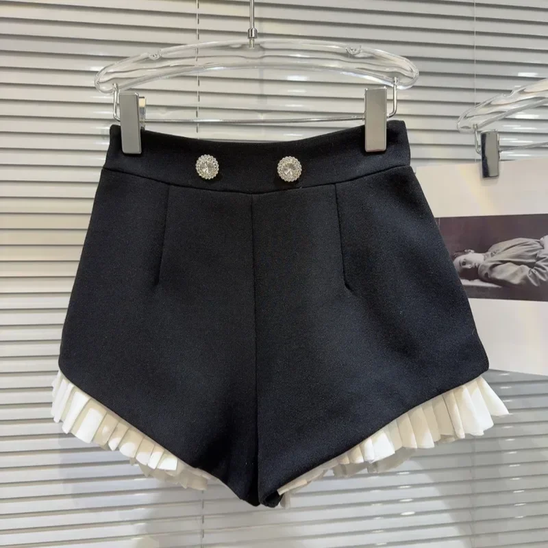 

Pop Summer Spliced Diamonds Chic Shorts For Women High Waist Elegant Patchwork Folds Chic Short Pants Female Fashion Style