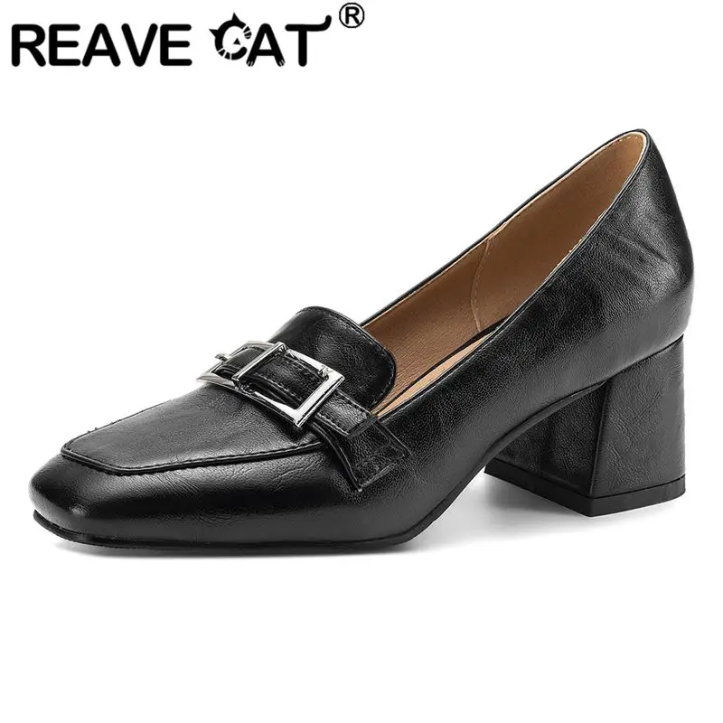 

REAVE CAT Brown Office Lady Pumps Square Toe 5.5cm Block Heels Slip On Loafers Belt Buckle Big Size 42 43 Dating Women Footwear