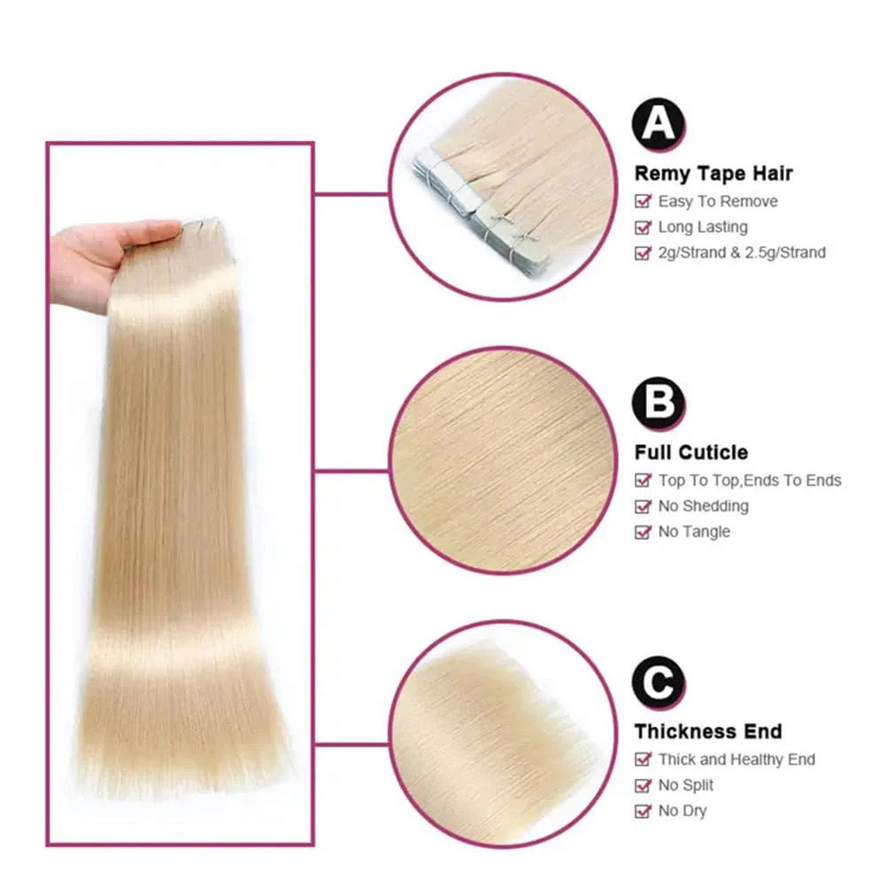 Extensions de cheveux brésiliens sans couture pour femmes, 613 cheveux humains, bande de trame de peau, blond, 100% PU, 16-26"