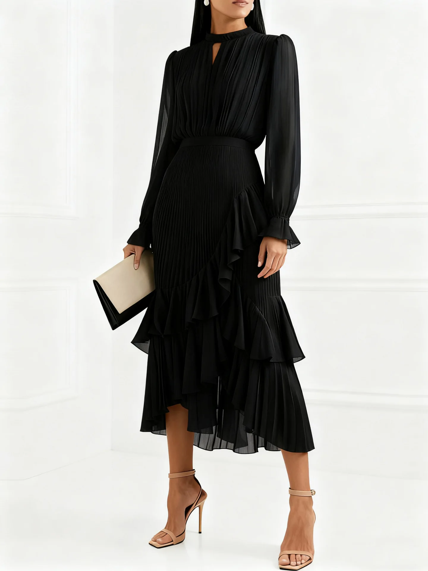 LGRQ 2026 Summer New Solid Color High Waist Dress With Ruffled Hem And Pleats Mid-Length Party Evening Gown