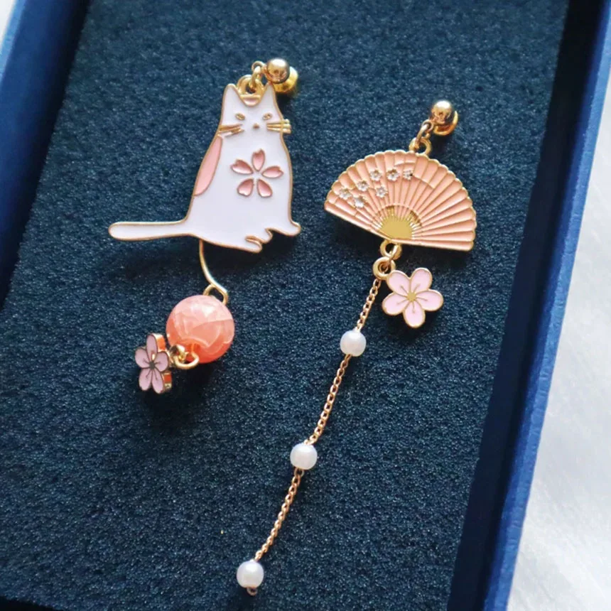 Mismatched Cat Folding Fan Drop Earring Clip on Dangle Sakura Japanese Flower Ear Stud Gift for Her