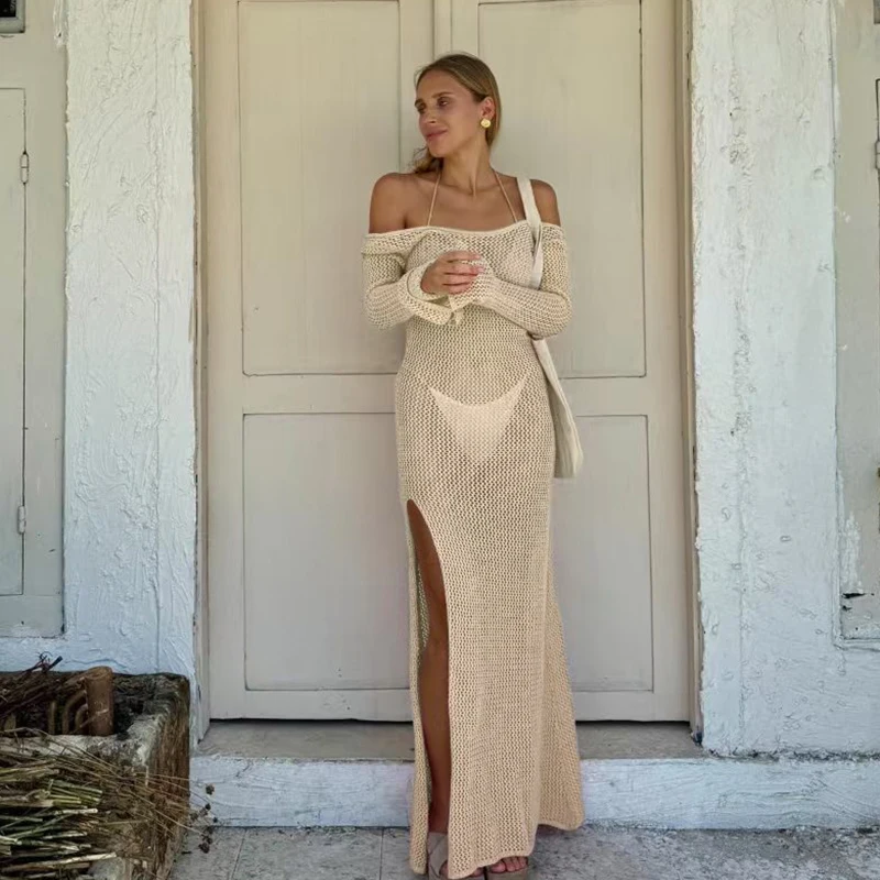 فستان طويل محبوك بفتحة جانبية بدون ظهر، أزياء عطلة الشاطئ وأكمام طويلة للحماية من الشمس، نمط عادي مناسب لجميع المواسم