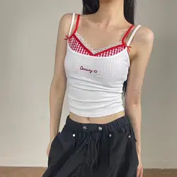 Hotsweet Embroidered Splicing Camis for Women Fashionable Lace Plaid Short Top 2024 Elastic Slim Suspender Women's Top