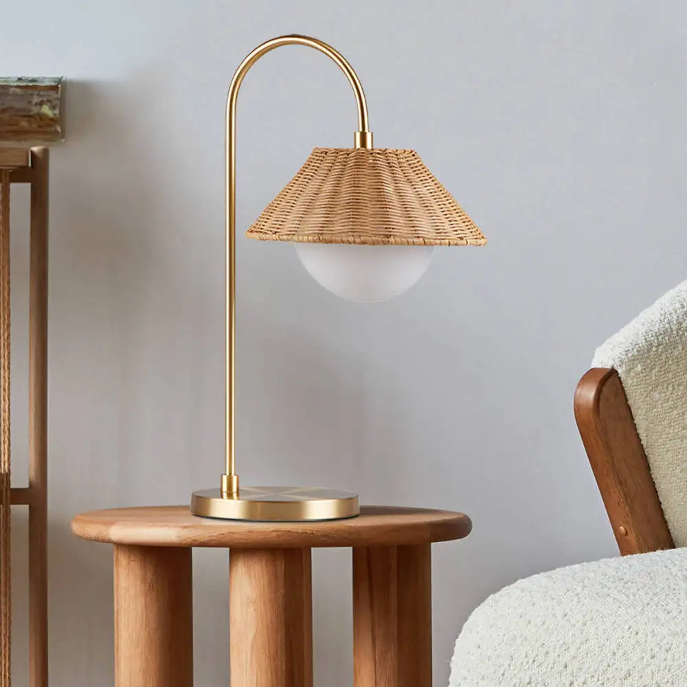 Rattan Weave Shade Table Lamp,Made from iron in a modern gold finish,Natural rattan shade with frosted globe