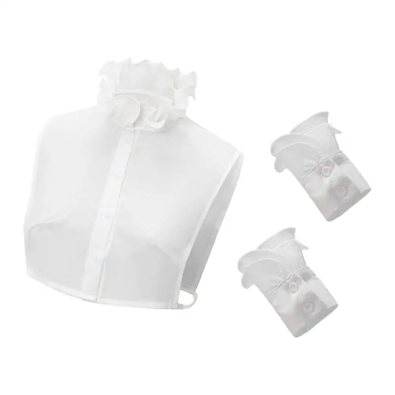 A52E Women Ruffle Stand Fake Collar Half Shirt and Wrist Cuffs Set Costume Accessory