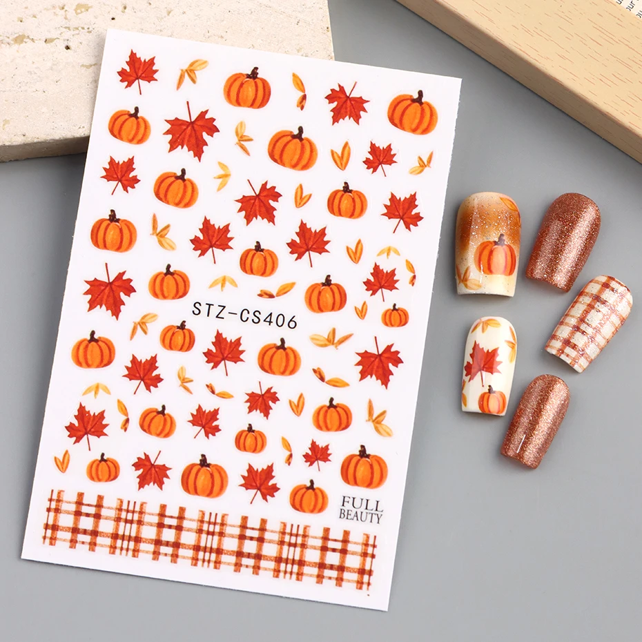 2 Stück Niedliche Kürbis-Nagelaufkleber Herbst-Ahornblatt-Karo-Klebefolien Herbst-Thanksgiving-Nageldesign-Zubehör – Detail 9