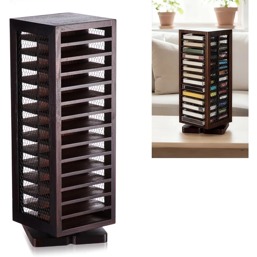

Rotating Cassette Tape Holder with 28 Capacity, Double-Sided CD Rack for Vintage Music Storage and Rustic Decor