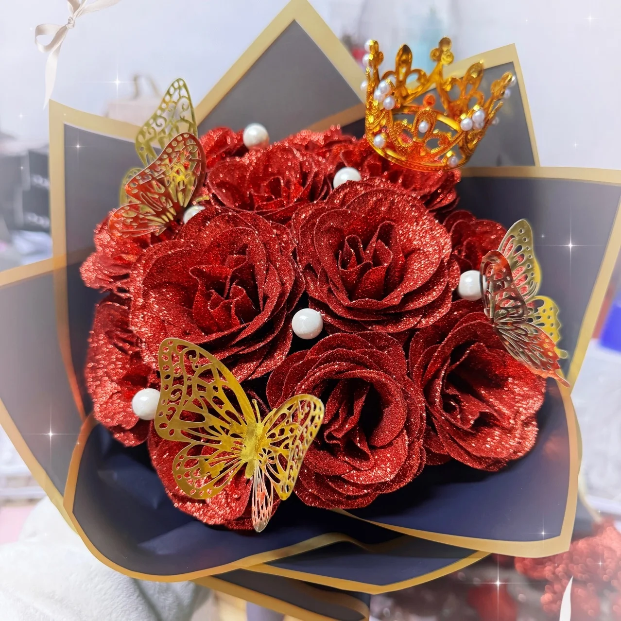 

Glitter Red Rose Bouquet Shiny Flowers Artificial Eternal Silk Fake Rose Wedding Valentine's Day Birthday Anniversary Party Gift