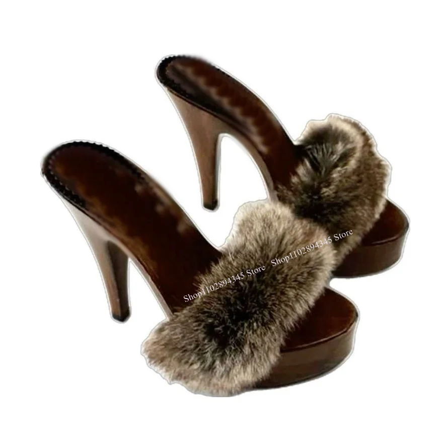 

Brown Slip On Fur Platform Sandals Peep Toe Thin High Heel Fashionable Sexy 2024 Summer Big Size Woman Shoes Zapatillas Mujer