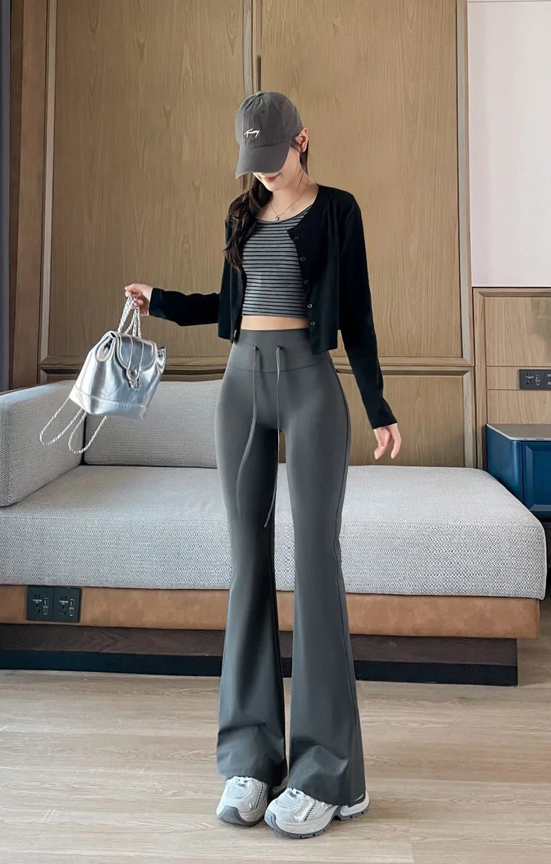 BIVIGAOS Autumn New Drawstring High Waist Micro Flared Leggings Women Slim Fit Elastic Fashionable Casual Sports Flared Pants