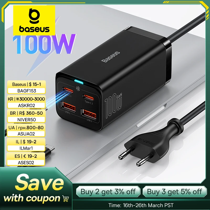 Baseus 100W 65W GaN Charger Desktop Laptop Fast Charger 4 in 1 Adapter For iPhone 15 14 13 12 Pro Max  Phone Charger Samsung