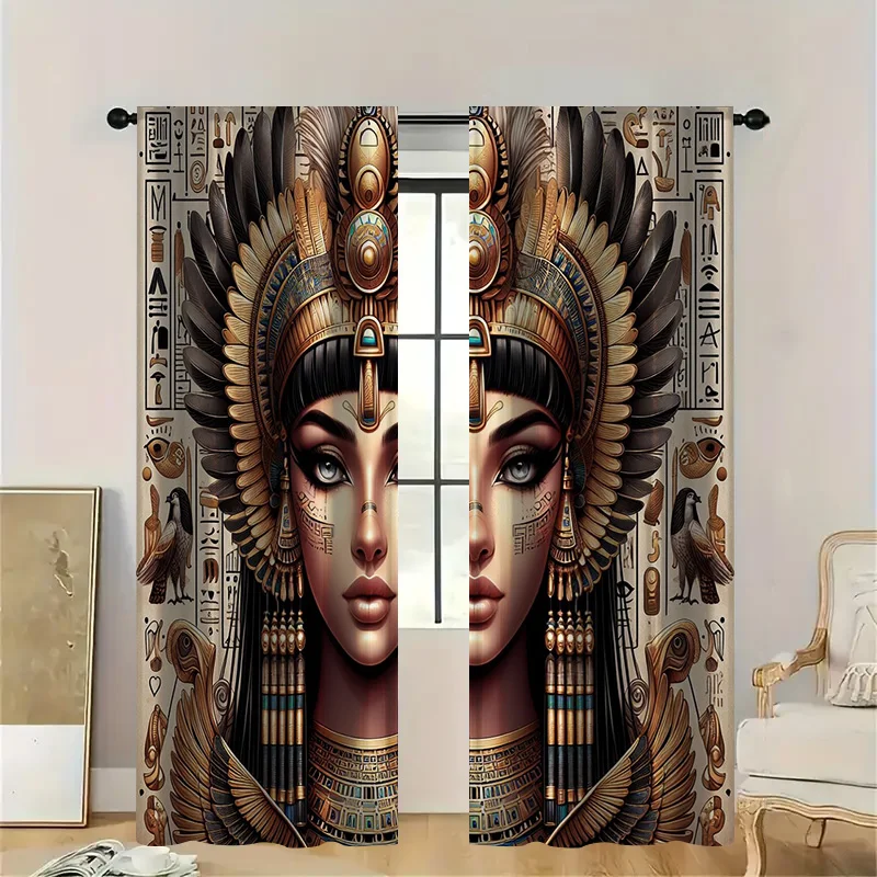 2pcs Egyptian Queen Portrait Curtains with Rod Pocket,Gold Hieroglyphic Sheer Mysterious Cultural Decor for Themed Living Space