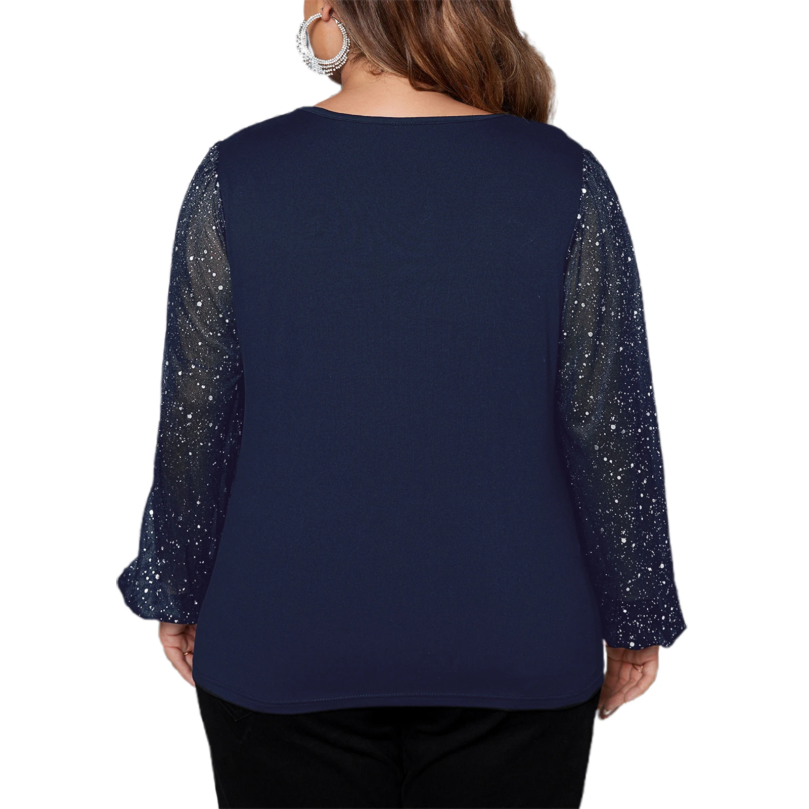 Women's Sequins Plus Size Tops Fashion Casual Patchwork Cross Wrap Bubble Long Sleeve Basic Shirt Blouses for Club Streetwear