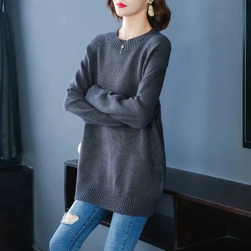 Autumn Winter Female Round Neck Short Knitting Ladies Mid Length Version Pullover Sweater Women Versatile Loose Fitting Knitwear