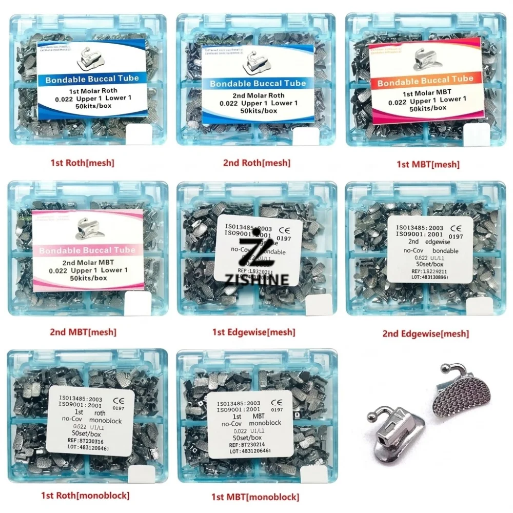50 Sets Dental Ortho Bondable Buccal Tube 1st 2nd Molar 0.022 Mesh Base Roth MBT Non Convertible Stainless Steel Teeth Brackets