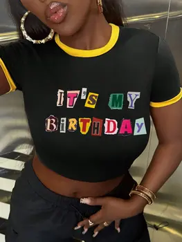 女士「牙買加」字母印花休閒撞色修身短款T卹圖案T卹女式上衣T卹 8 最佳銷售 牙買加服裝 - №8