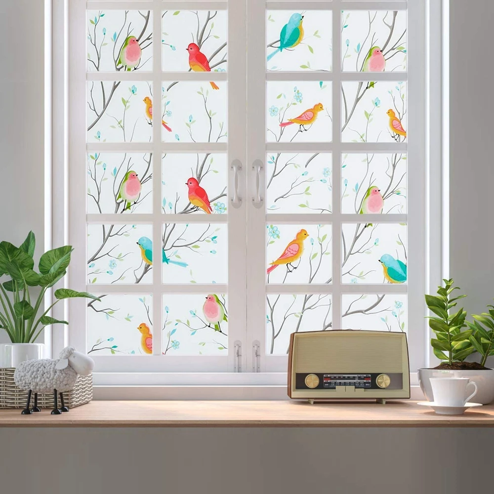 Privacy Window Film Non-Adhesive Frosted Bird Decorative Glass Film Static Cling Stained Window Stickers for Home Office