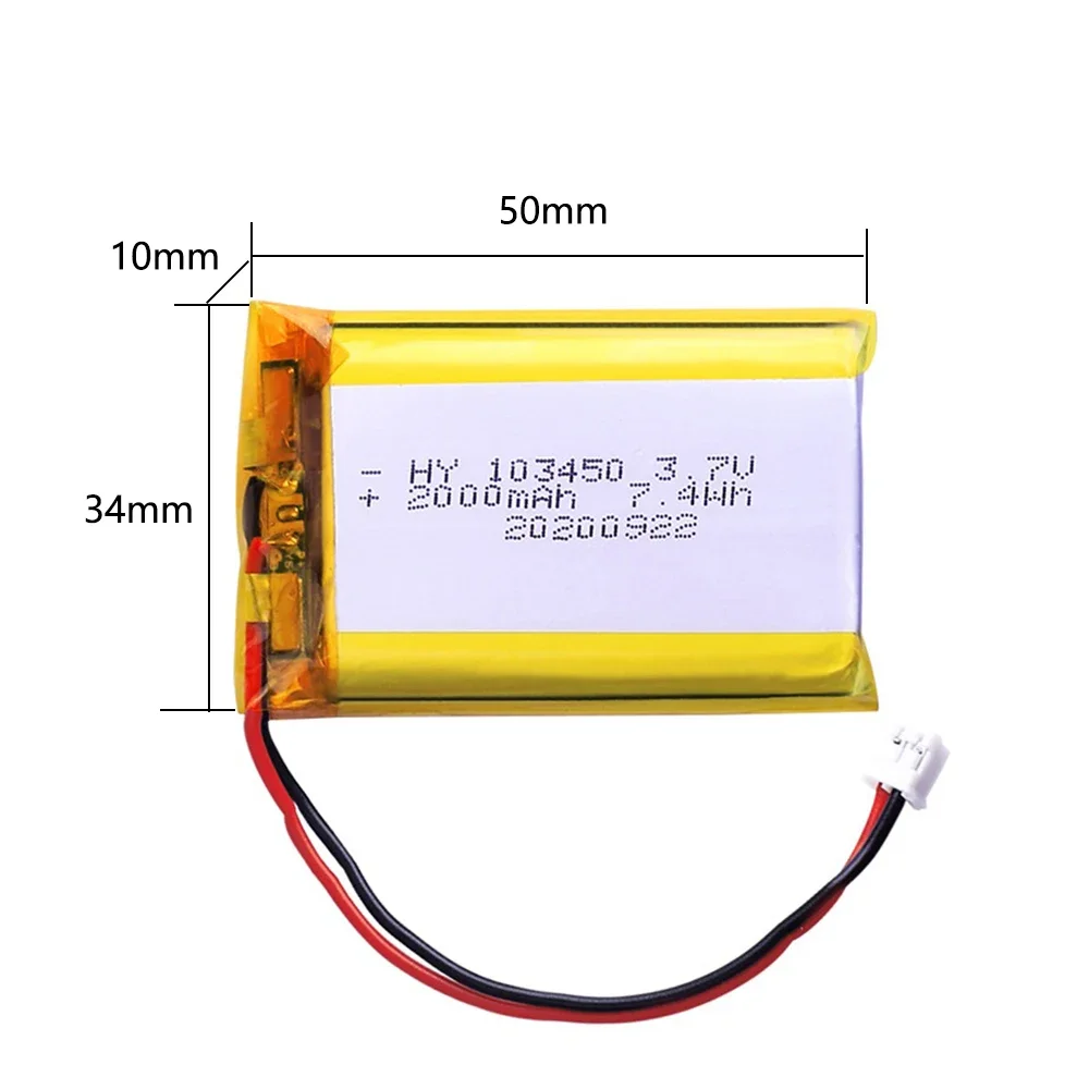 100% prawdziwa pojemność 3,7 V 103450   Akumulator litowo-polimerowy o pojemności 2000 mAh, do aparatów fotograficznych, GPS, głośników Bluetooth,