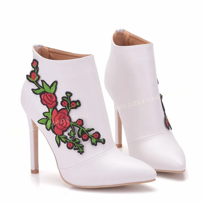 Embroider Flower Ankle Boots Pointed Toe Solid Thin High Heels Side Zipper Women Autumn Fashion Shoes 2023 Zapatos Para Mujere