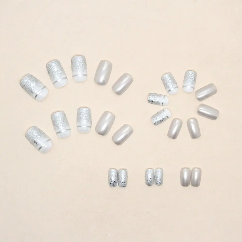 24pcs Nail Tips Glitter Press on Nails Fake Nials Long Square French Silver False Nails