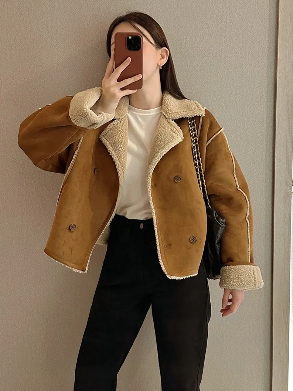 Двубортная свободная длинная бархатная куртка с воротником ягненка в стиле ретро Briti Sle, женская модная осенне-зимняя верхняя одежда