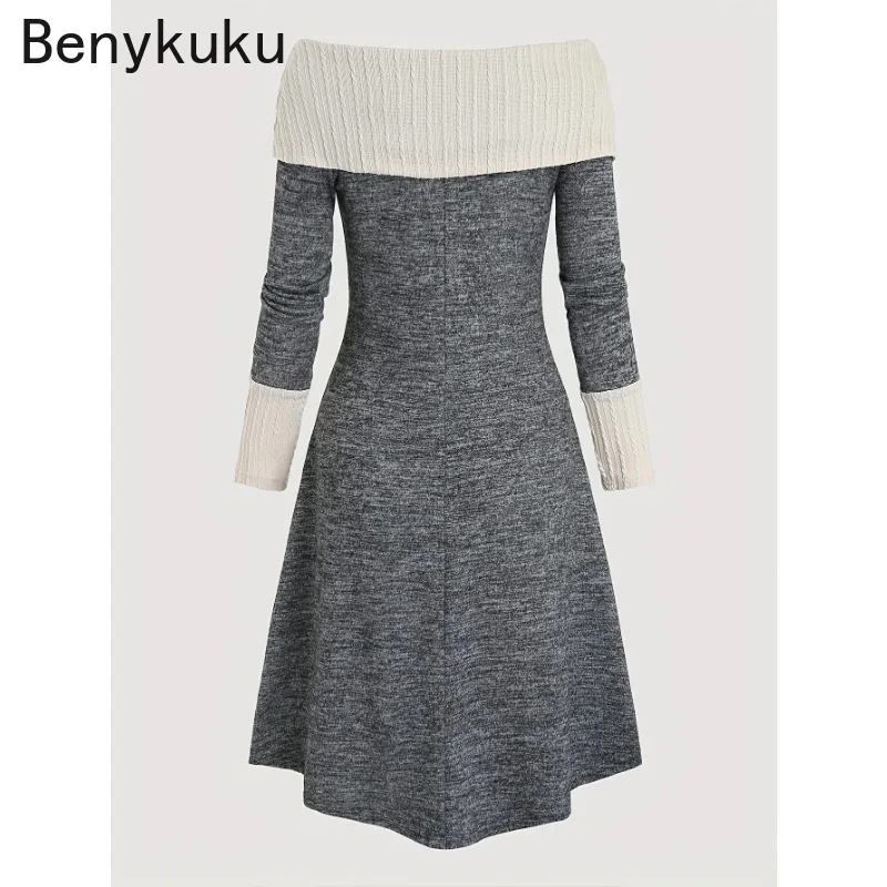 Fashion Color-block Slash Neck Casual Dress 2025 Autumn Winter Women Clothes Party Knitted Long Sleeve Drawstring Sweater Dress
