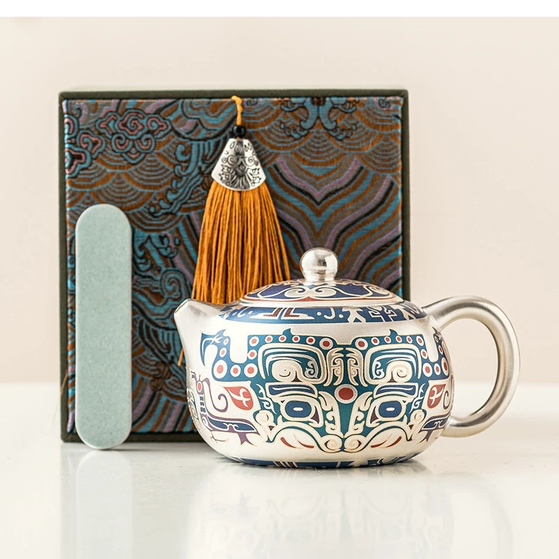 Taotie pattern 999 silvering ceramic Xishi pot large teapot single high-end tea kung set