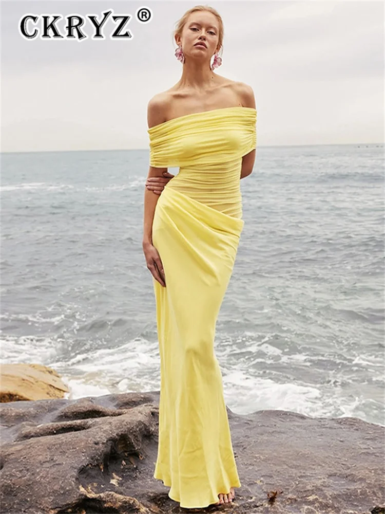 

Ladies Ruched Irregular Maxi Dress Women Mesh Patchwork Slash Neck Short Sleeve Skinny Stretch Trend Elegant Long Bodycon Outfit