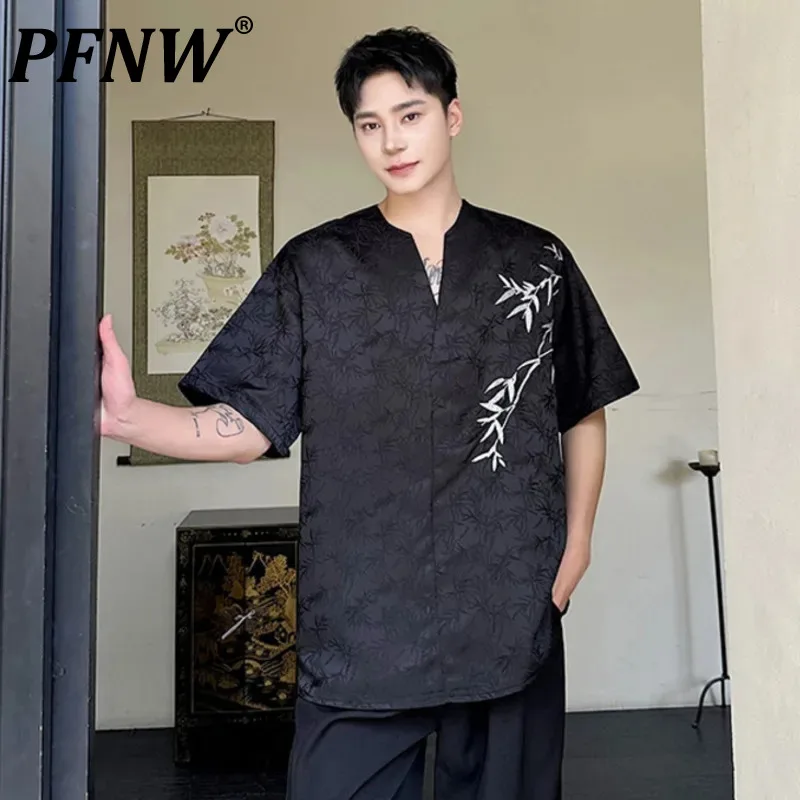 

PFNW Loose Short Sleeve Male T-shirts Chinese Style V-neck Pullover Men's Tops Embroidery Casual Tees Summer New 2024 9C6115