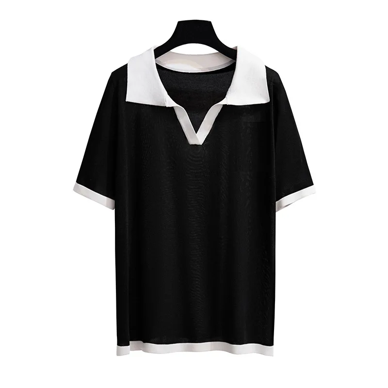 Top de punto con solapa de seda de hielo para mujer, de manga corta Camiseta holgada, busto de 170Kg, color negro, 5XL, 6XL, 7XL, 8XL, 9XL, 10XL, 160