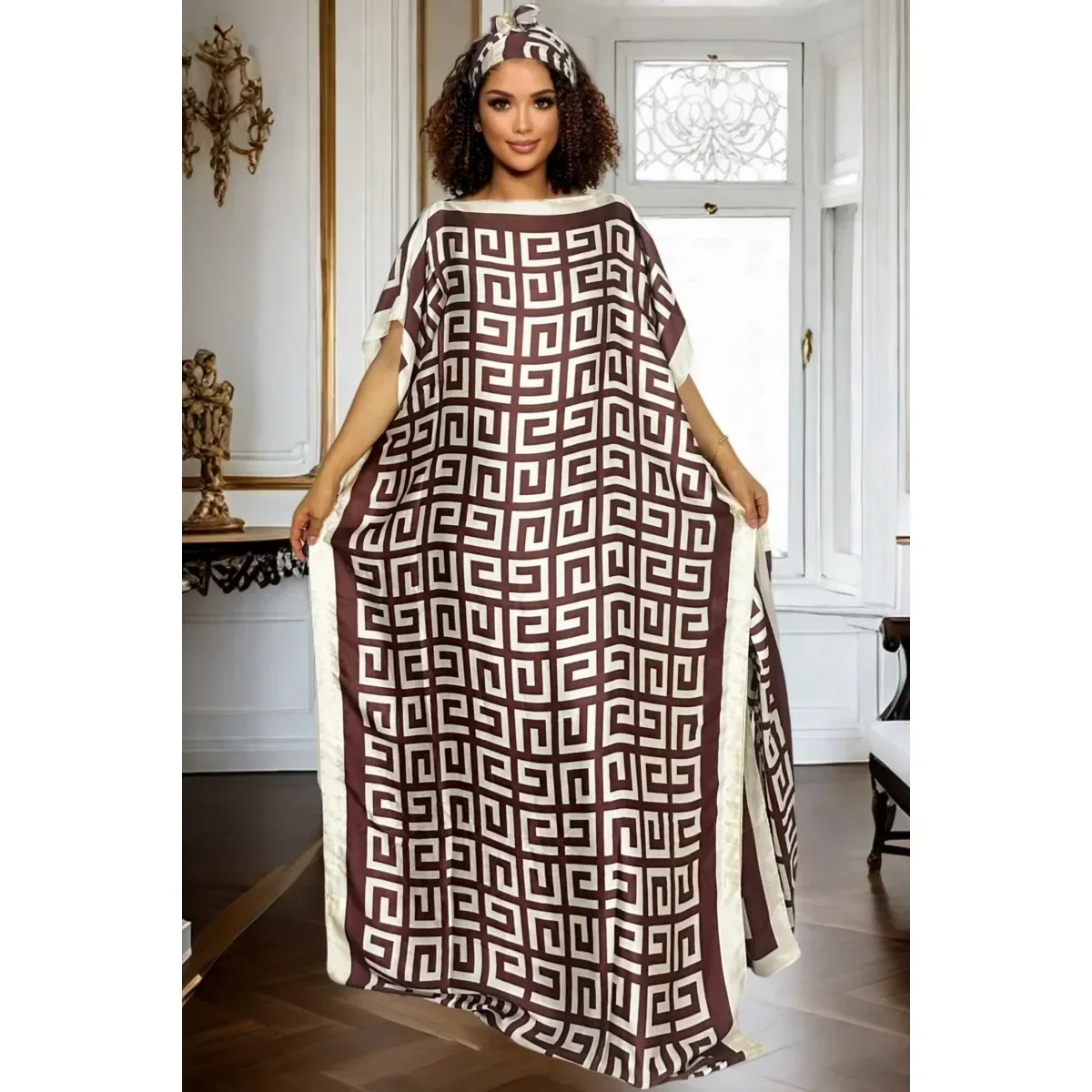 قميص أنيق بغطاء بنمط هندسي كبير الحجم مع وشاح متطابق لجميع المواسم #6